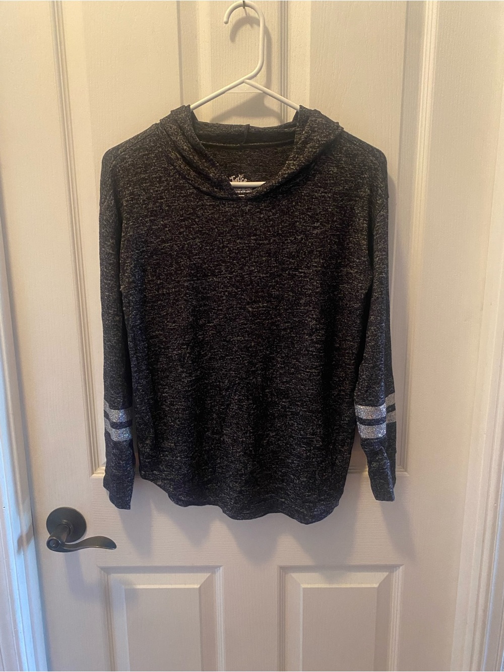 Justice Dark Gray Hooded Crewneck Sweater with Silver Stripes